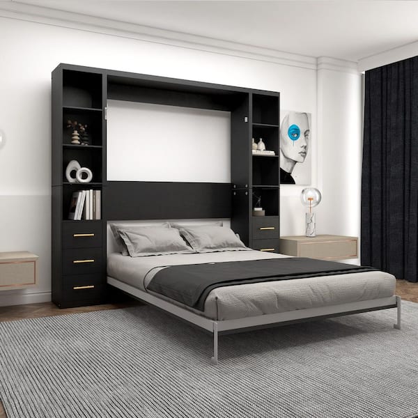 Modern Black Wood Frame Full Size Multifunctional Murphy Bed with Wall Bed, Storage Shelves