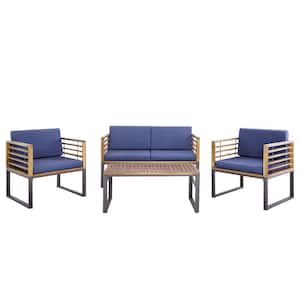4-Piece Acacia Wood Patio Conversation Set Chair Table Loveseat Furniture Set Outdoor with Navy Cushions