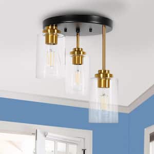 10.2 in. 3-Light Black Modern Semi-Flush Mount Ceiling Light with Gold Accent Socket and Clear Glass Shade for Hallway