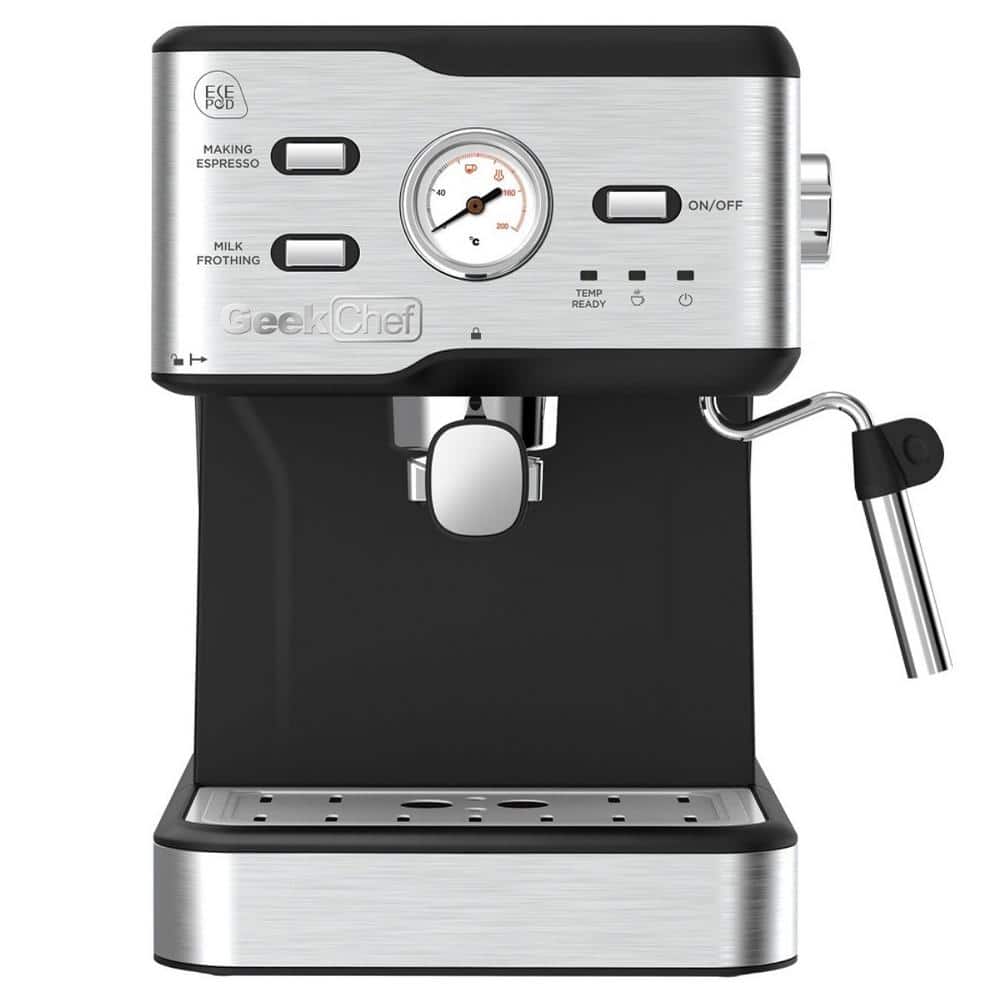 2 Cups Stainless Steel Drip Coffee Maker with ESE POD Filter & Milk Frother Steam Wand & Thermometer Silver