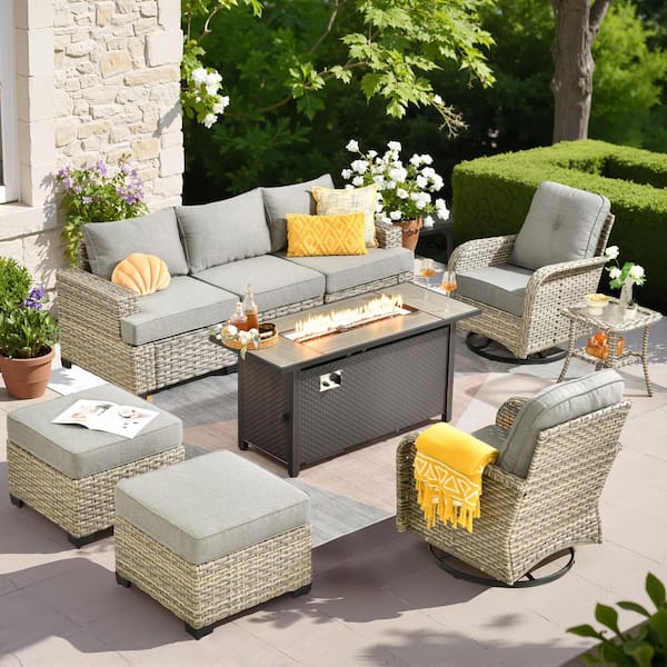 OVIOS Tiberty Gray 9-Piece Wicker Patio Rectangle Fire Pit Conversation Set with Dark Gray Cushions and Swivel Chairs