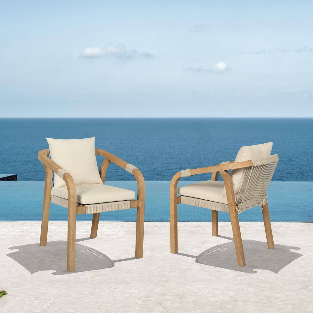 Cypress Light Brown Eucalyptus Wood Outdoor Dining Chair with Ivory Cushion