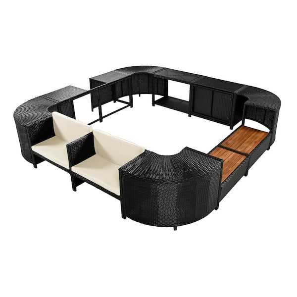 Zeus & Ruta Black Wicker Spa Quadrilateral Outdoor Sectional Set with Storage Spaces and Beige Cushions for Patio, Backyard, Garden