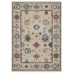 Hunter Ivory/Multi-Colored 4 ft. x 6 ft. Persian Floral Polyester Fringe-Edge Indoor Area Rug