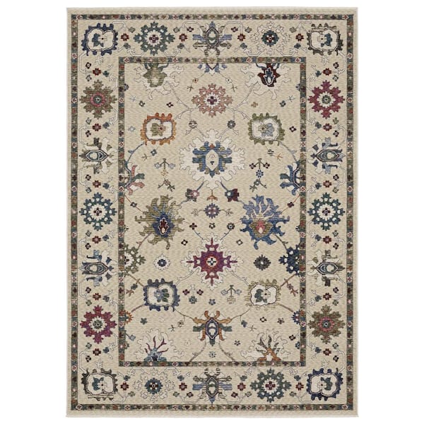 AVERLEY HOME Hunter Ivory/Multi-Colored 4 ft. x 6 ft. Persian Floral Polyester Fringe-Edge Indoor Area Rug