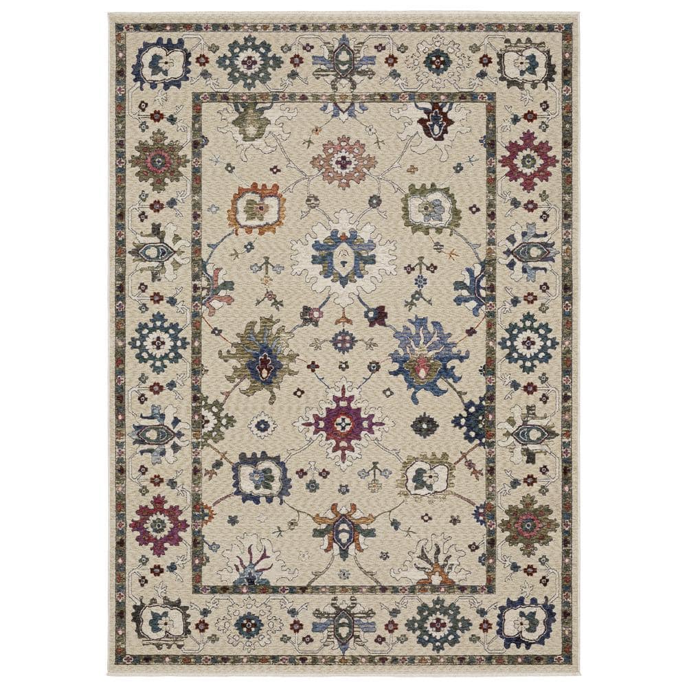 Hunter Ivory/Multi-Colored 10 ft. x 13 ft. Persian Floral Polyester Fringe-Edge Indoor Area Rug product image for price tracking