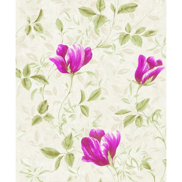 Dundee Deco Falkirk Ophia Tulips Purple, Green, Beige Vinyl Peelable Roll (Covers 57 sq. ft.)