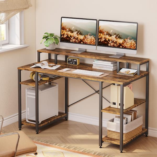 Bestier 55.12 in. Rustic Brown Computer Desk with Monitor Stand