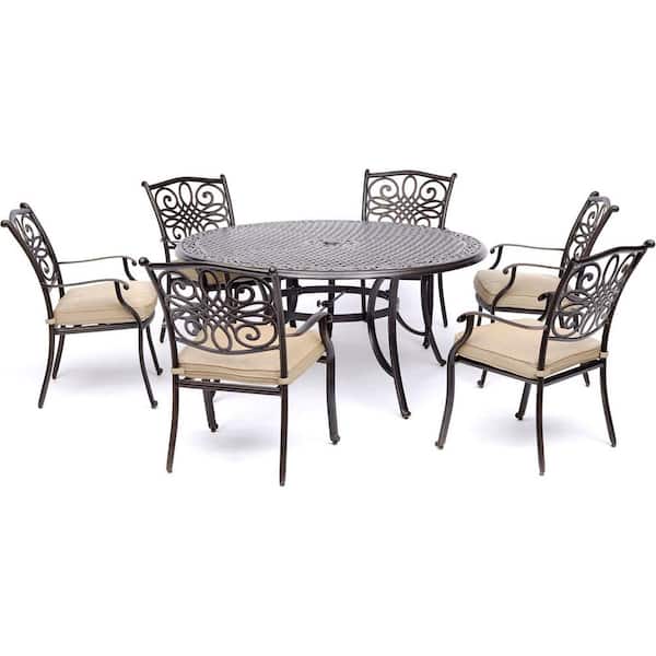 Hanover Traditions 7-Piece Aluminum Outdoor Dining Set with 6 Chairs with Tan Cushions and Cast-Top Table