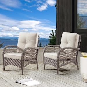 Wicker Patio Lounge Chair with Beige Cushions (2-Pack)