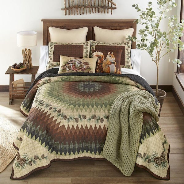 Pine Circle 3-Piece Green and Brown King Polyester Quilt Set