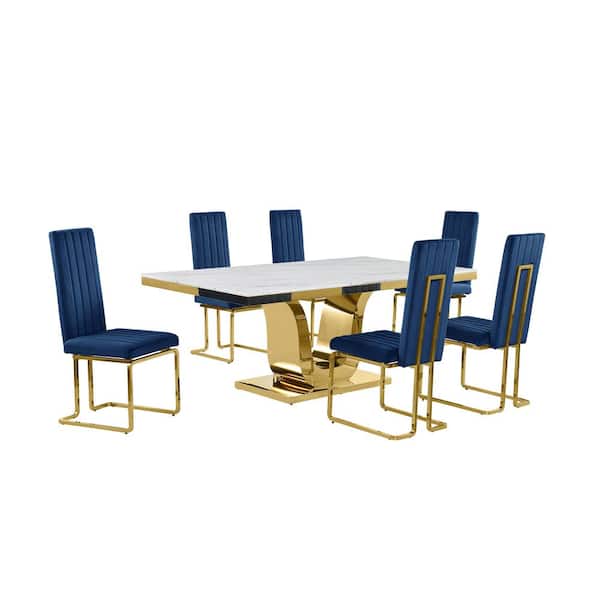 Best Quality Furniture Ada 7-Piece Rectangle White Marble Top With Gold Stainless Steel Dining Set With 6 Navy Blue Velvet Gold Chrome Chairs
