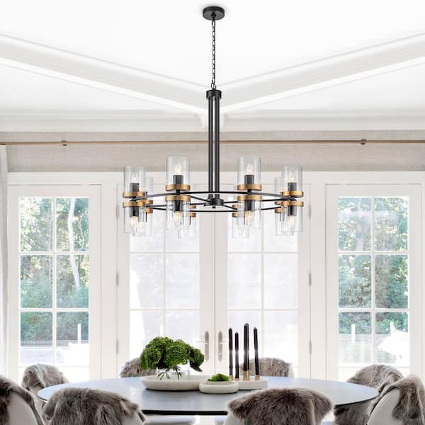 35.24 in. 16-Light Modern Luxury Black Gold Iron Chandelier Pendant Lighting with Glass Shades for Living Room, Dining