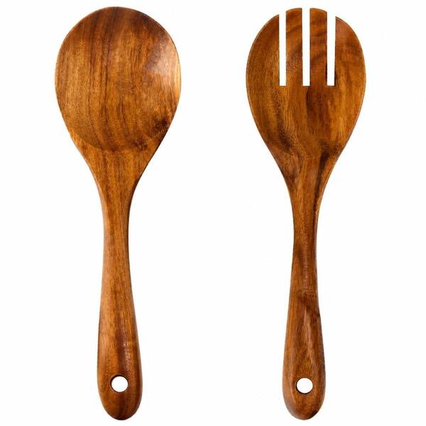 13 in. Teak Wood Salad Serving Spoon and Spork Set of 2, BPA-Free Organic Wood Salad Servers for Mixing