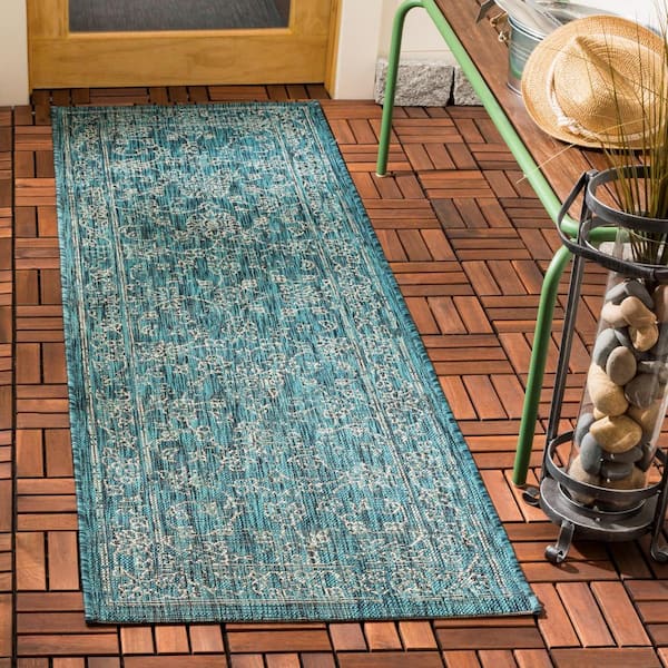 Courtyard Turquoise 2 ft. x 12 ft. Border Indoor/Outdoor Patio  Runner Rug