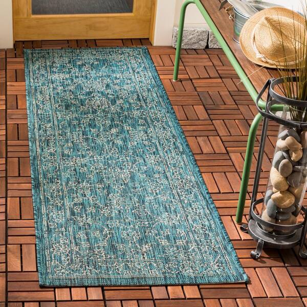 Courtyard Turquoise 2 ft. x 14 ft. Border Indoor/Outdoor Patio  Runner Rug