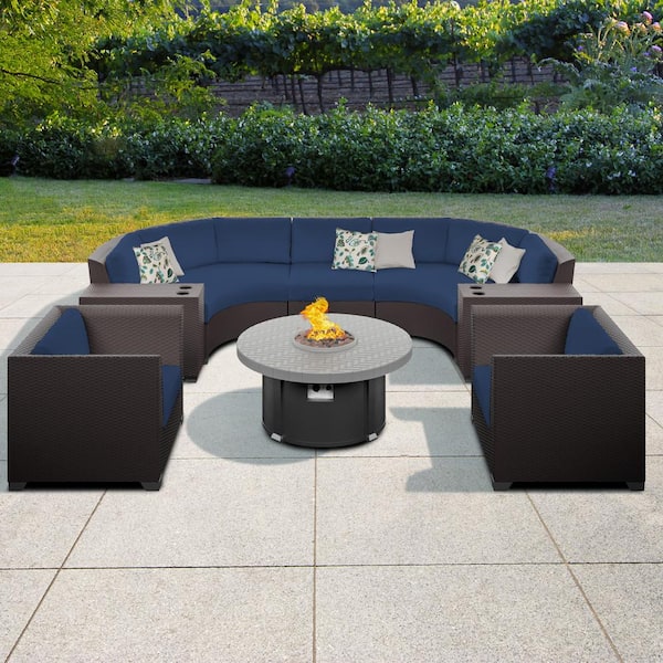 Tk Classics Barbados 8 Piece Wicker, Round Outdoor Sectional With Fire Pit
