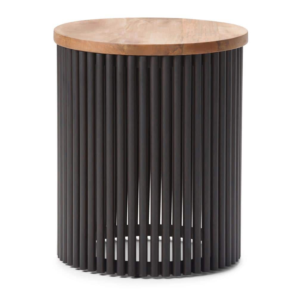 Demy Industrial Round Metal and Wood 18" Accent Side Table in Natural Black
