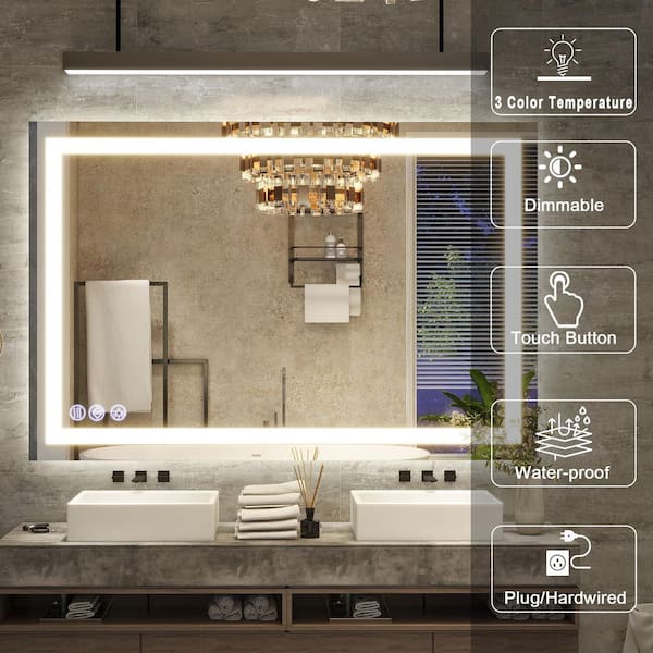 32 in. W x 48 in. H LED Light Anti-Fog Rectangular Modern Frameless White Wall Mirror
