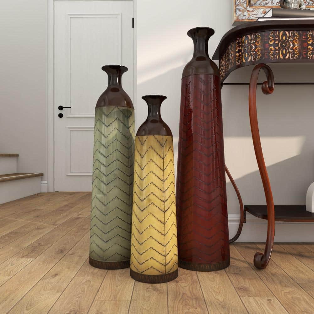 Tall Multi-Colored Metal Floor Vases with Chevron Pattern, Set of 3