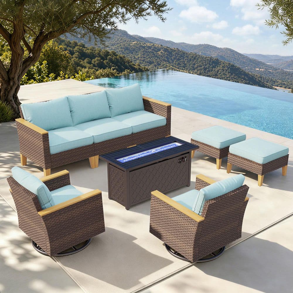 Brown Rattan Wicker 7-Seat 8-Piece Steel Outdoor Fire Pit Patio Set with Blue Cushions,2 Swivel Sofas and 2 Ottomans price history on PriceWatchPro