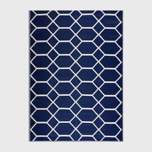 Miami Navy and Creme 10 ft. x 14 ft. Folded Reversible Recycled Plastic Indoor/Outdoor Area Rug-Floor Mat