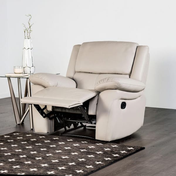 Riley Traditional Off White Faux Leather Upholstered Glider Recliner Chair with Pillow Top Arms and Welt Trim