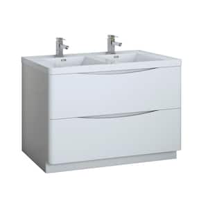 Tuscany 48 in. Modern Double Bath Vanity in Glossy White with Vanity Top in White with White Basin