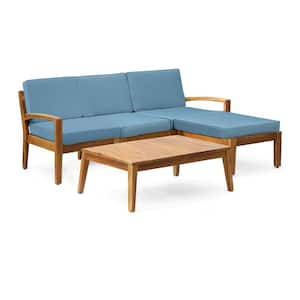 Teak Acacia Wood 3-Seater Outdoor Sectional Sofa Set with Blue Cushions, L-Shape