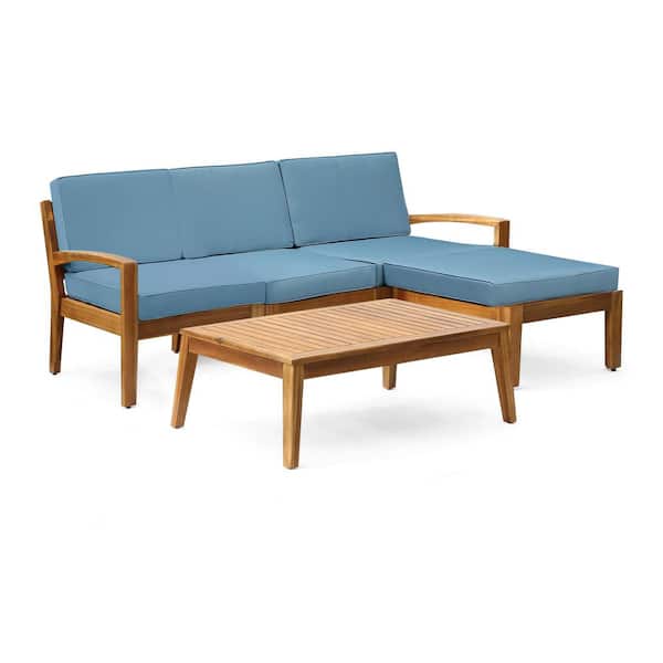 Zeus & Ruta Teak Acacia Wood 3-Seater Outdoor Sectional Sofa Set with Blue Cushions, L-Shape