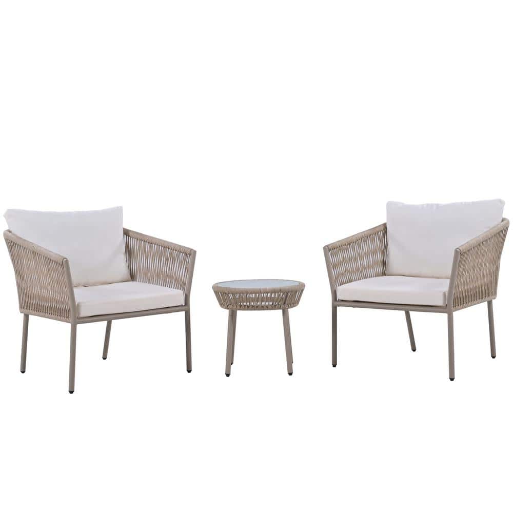 Beige 3-Piece Simple Woven Rope Metal Outdoor Bistro Set Round Table Armcha