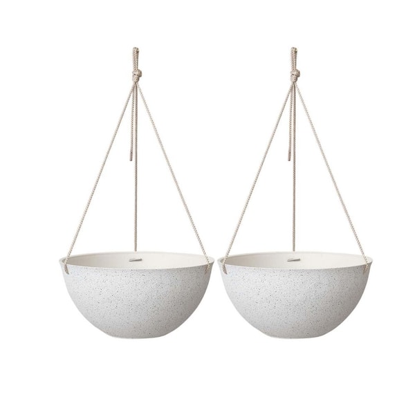 Large 13.2 in Speckled White Plastic Hanging Basket with Drain Holes Hanging Flower Pots (Set of 2)