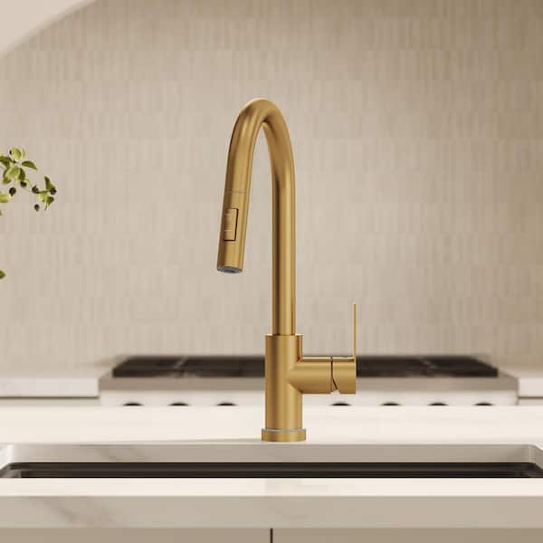 Single-Handle Pull Down Kitchen Faucet with FastMount and LED Temperature Indicator in Brushed Gold