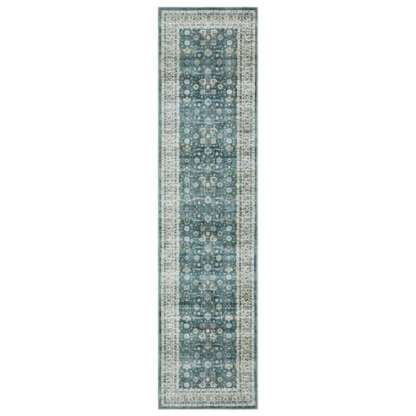 2 X 8 Teal, Ivory Oriental Washable Area Rug Runner Rug