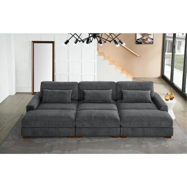 Monland 128 in. Square Arm Polyester Corduroy Upholstery Rectangle Deep-Seated Oversized 3-Pieces Sectional Sofa in. Dark Grey