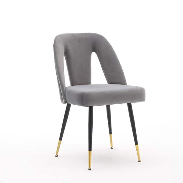 VERYKE Gray Modern Velvet Upholstered Dining Chair with Nailheads and Gold Tipped Black Metal Legs (Set of 2)