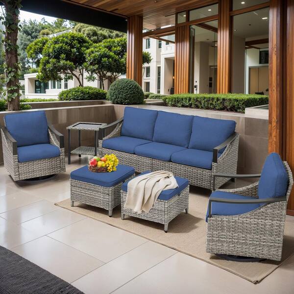 6-Piece Wicker Patio Conversation Set with Blue Cushions