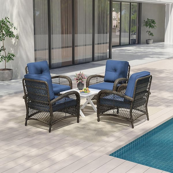 INMITOM 4-Pack Wicker Outdoor Chair Lounge Chair Patio with Blue Cushion