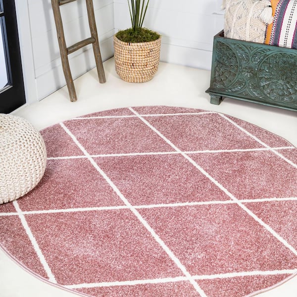Cole Rose/White 5 ft. Round Minimalist Diamond Trellis Area Rug