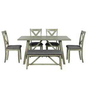 Gray 6 Piece Wood Dining Table Set with Bench and 4 Chairs