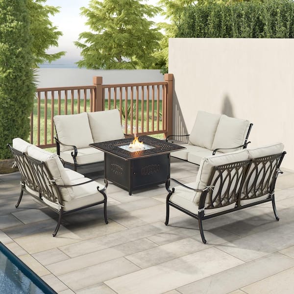 Oakland Living Black Aluminum Fire Table Set with 4-Deep Seating Loveseats