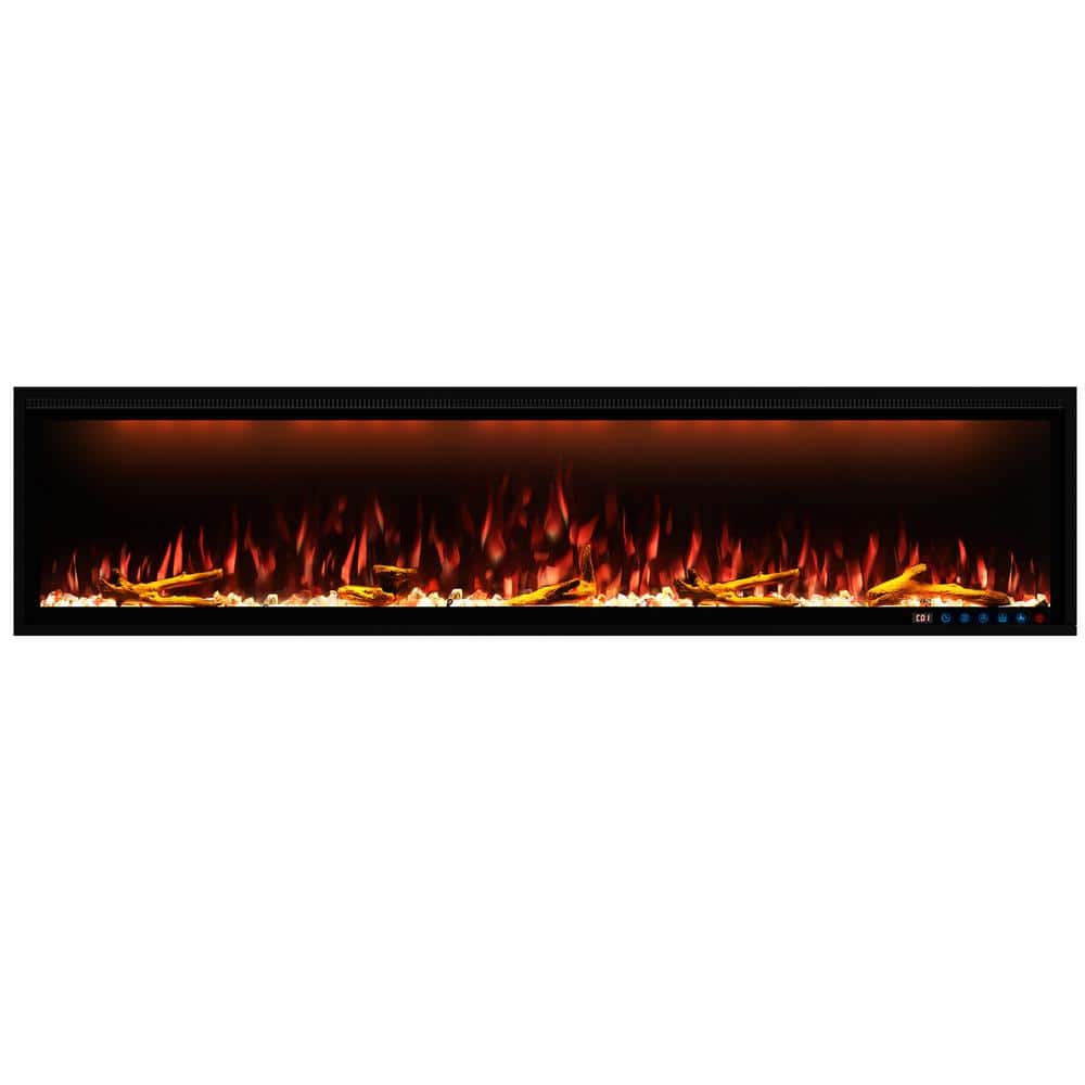 Black 74 in. 400 Sq. Ft. Recessed and Wall Mounted Electric Fireplace with 