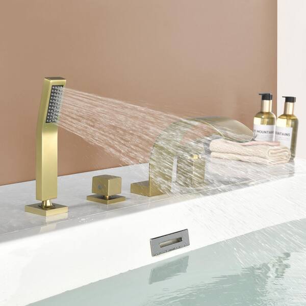 Ami Single-Handle Four Hole Tub Deck Mount Roman Tub Faucet with Hand Shower in Brushed Gold