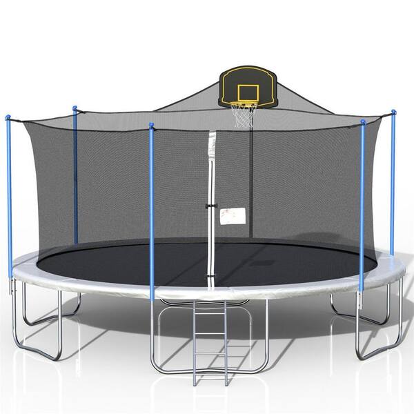 Afoxsos 16 ft. Gray Round Metal Trampoline with Enclosure Net Basketball Hoop and Ladder (1-Pack)