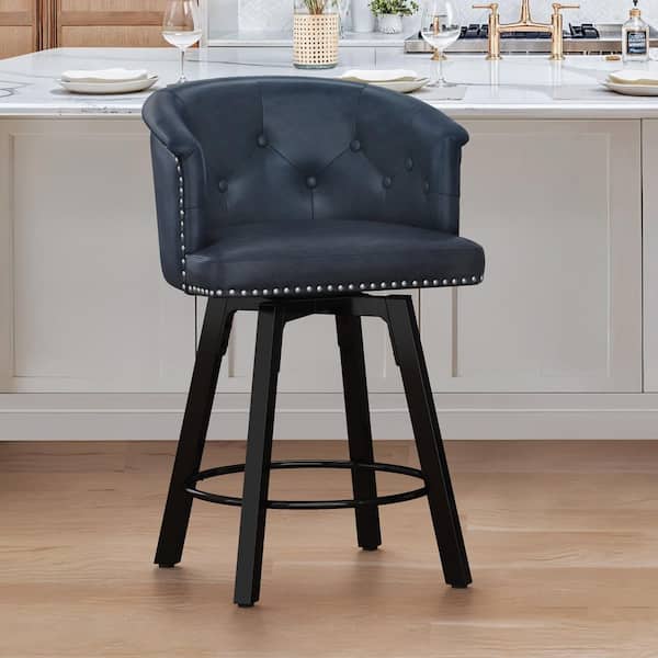 36.22 in. QUINN Navy Blue Faux Leather Metal Base High-Back Upholstered Counter Height Swivel Bar Stool Set of 1