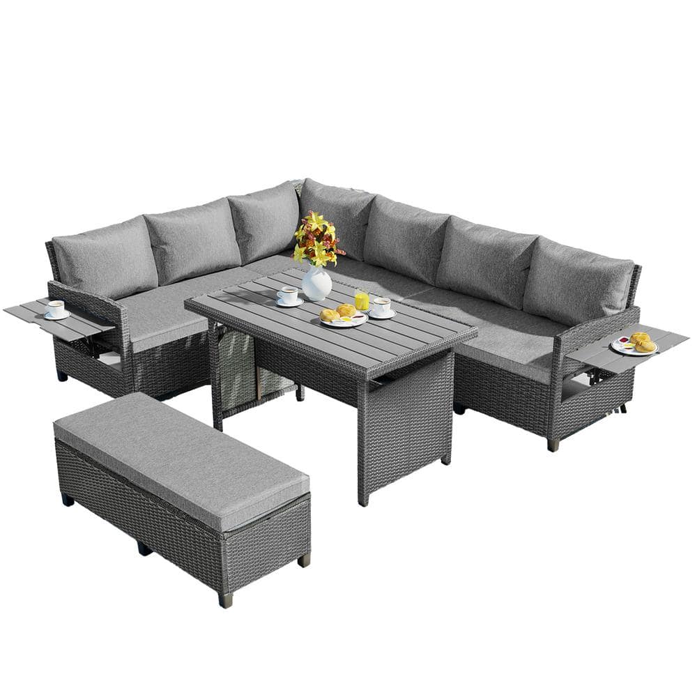 5-Piece Outdoor Patio Rattan Sofa Set with 2 Extendable Side Tables ...