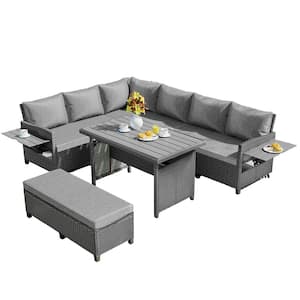 5-Piece Outdoor Patio Rattan Sofa Set with 2 Extendable Side Tables, Dining Table for Backyard, Poolside, Indoor, Gray