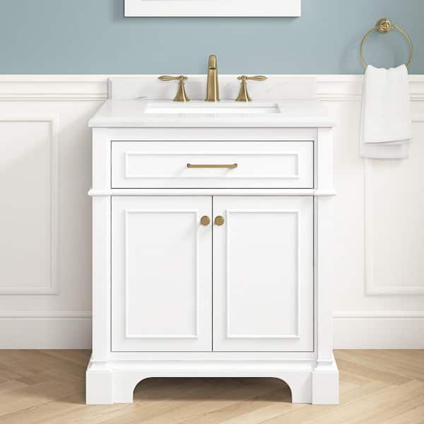 Home Decorators Collection Melpark 30 in. Single Sink White Bath Vanity with White Engineered Marble Top (Assembled)