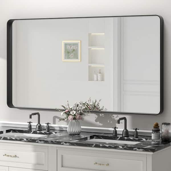 55 in. W x 30 in. H Rectangular Tempered Glass and Aluminum Alloy Framed Wall Bathroom Vanity Mirror in Matte Black