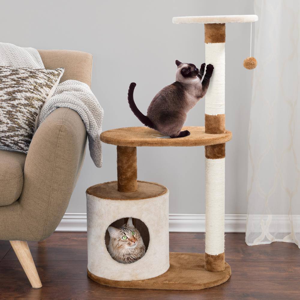 Tan and Brown 3-Tier Cat Tree with Condo and Scratching Posts